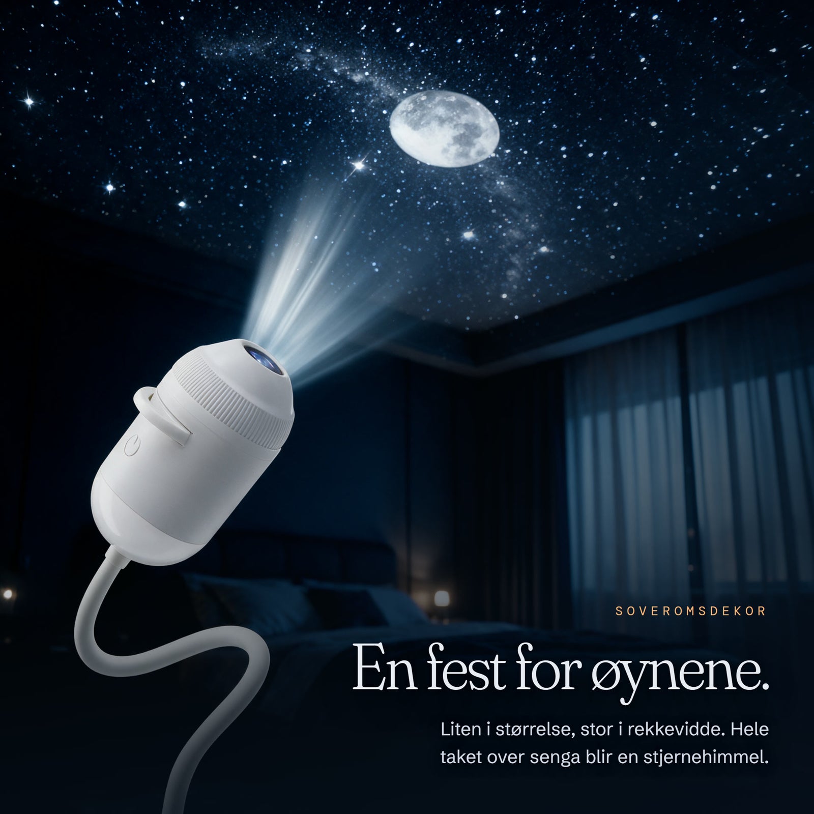 Blund lyser opp hele taket i soverommet med stjerner og mane