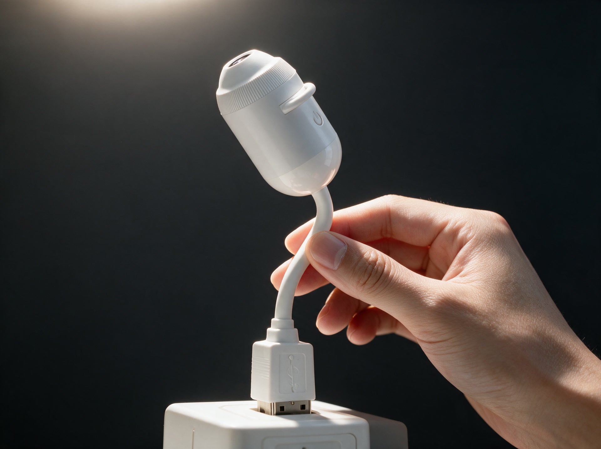 Blund står i en hvit USB-kontakt mens en hånd bøyer halsen for å sikte lampen opp mot taket.